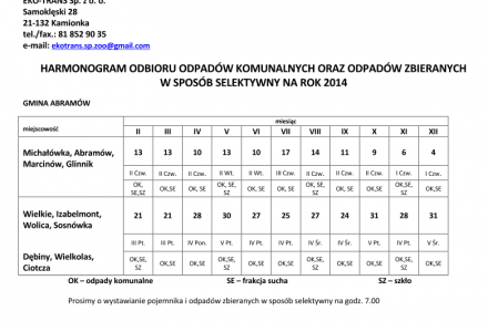 Harmonogram odbioru odpadów komunalnych